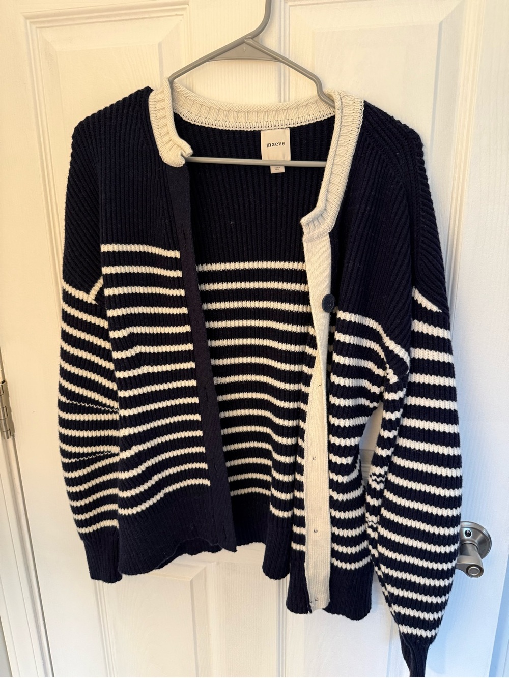 Maeve Navy and White Striped Button-Front Cardigan